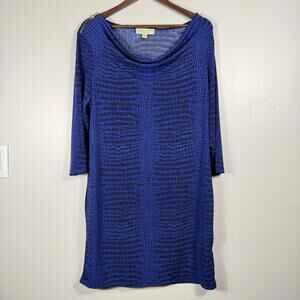 Michael Michael Kors XL Blue Black Snake Print Cowl Neck 3/4 Sleeves Midi Dress